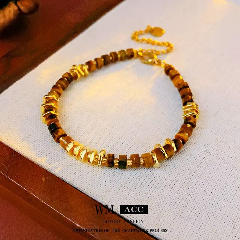 Womens Vintage Style Alloy Bracelet With Coffee Brown Tigers Eye Beads Geometric Design Minimalist Fashion Jewelry
