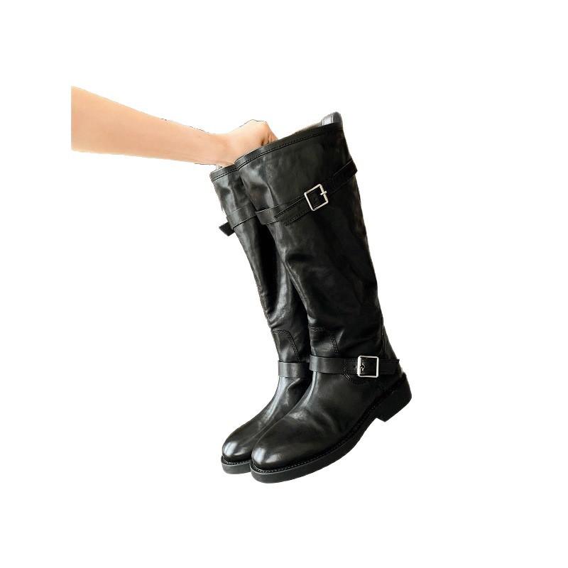 Cowhide version~ retro pointed round head belt buckle thick heel boots women's autumn and winter new thin boots leather knight boots
