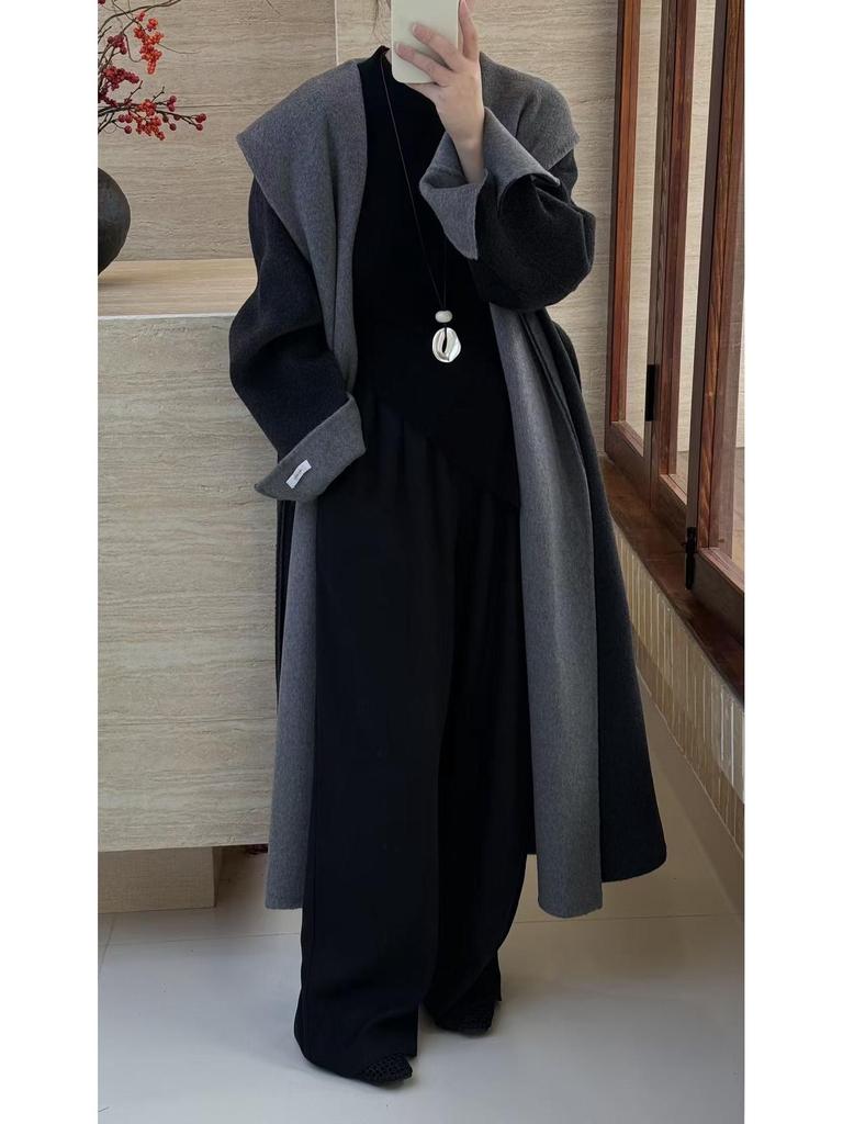 Cloud Floss Women's Double-Faced Wool Coat: Tie-Waist Hooded, Large Lapel, Loose Fit, Thickened Temperament Overcoat.