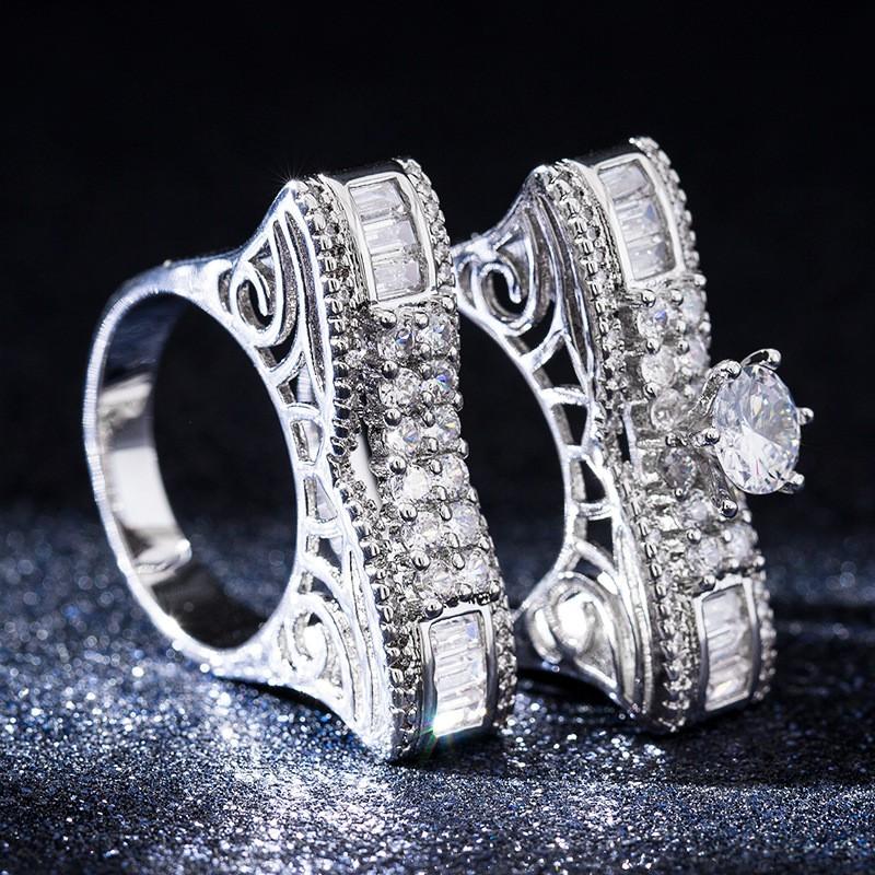 Elegant Hollow Out Zirconia Womens Ring Set Luxury Copper Engagement Band Fine Jewelry