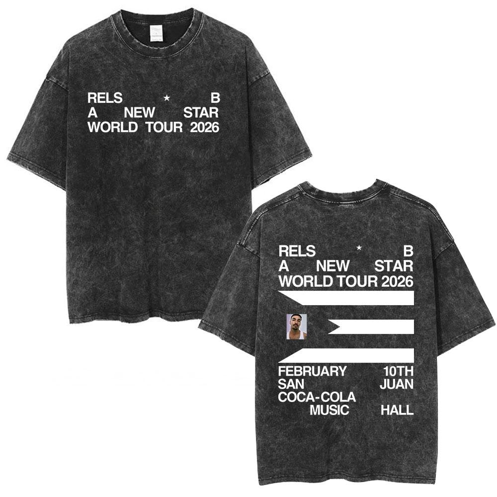 Rapper Rels B A New Star World Tour 2026 Vintage Washed Tshirts Mens Women Clothing Fashion Hip Hop ONeck T Shirts Streetwear