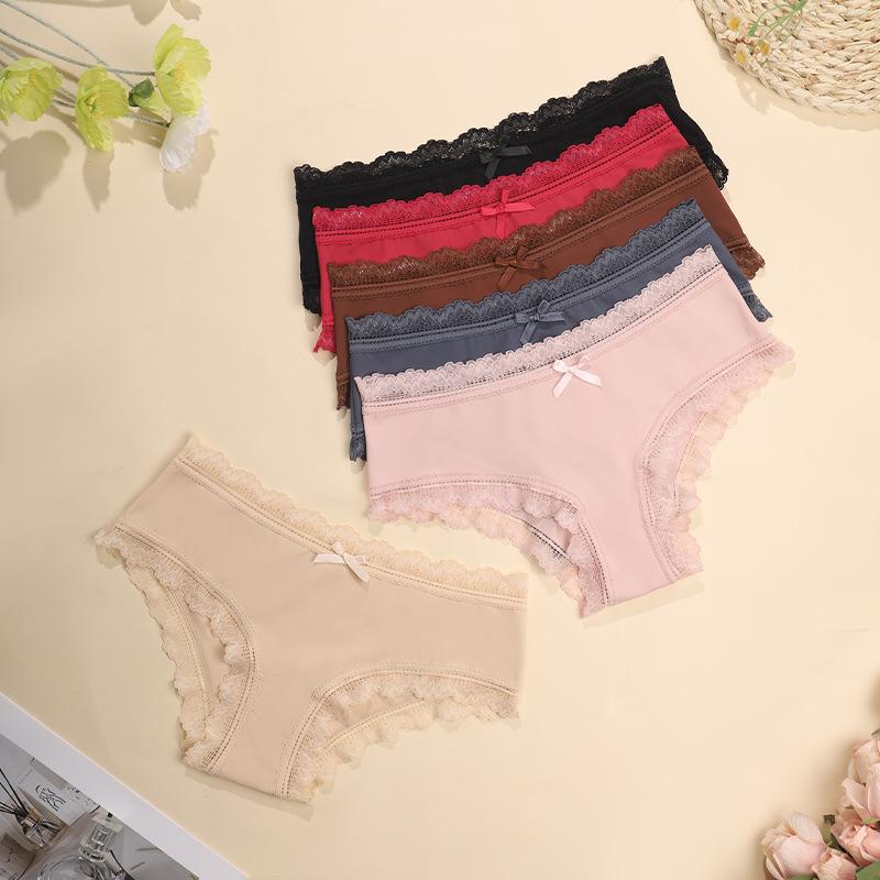 Women’s Seamless Briefs: Bow-Adorned, Antibacterial, Pure Cotton Gusset, Mid-Waist, Lace Thong Briefs for Women