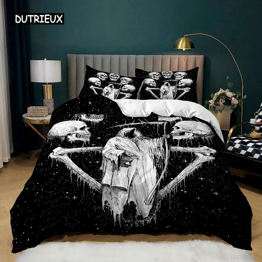 Skull Duvet Cover Set Rose Twin Skeleton Kiss Comforter Cover Teens Gothic Skeleton Double Queen King Size Polyester Qulit Cover