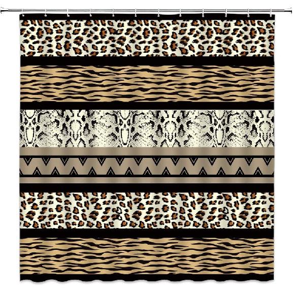 Leopard Print Shower Curtain African Animal Leopard Skin Pattern Stripes Patchwork Creative Art Home Bathroom Decor Fabric Curtain with 12