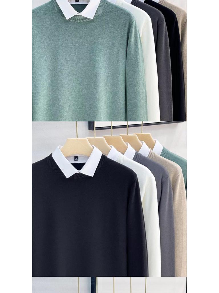 Men's Designer Sweater, Fall 2025: Korean Style Fake Two-Piece with Shirt and Stand Collar, Inner Knitwear Base Layer.