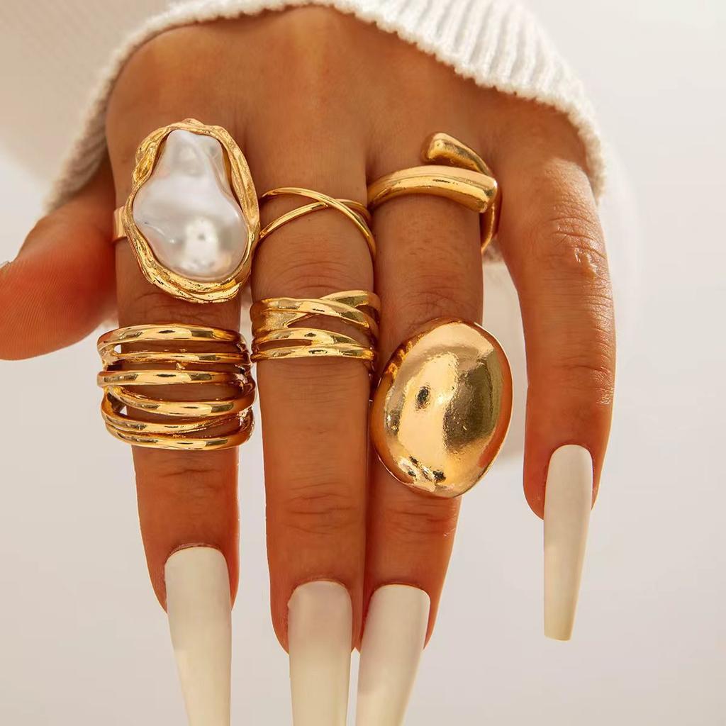 European and American Ethnic Style Carved Feather turquoise Ring Retro Personality Ring Set Combination Ring Set