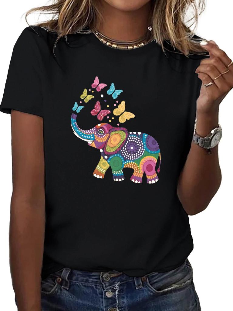 Comfortable Casual Sleeve Round Neck Casual Wear Unisexs Soft Tshirt With Vibrant Elephant Butterfly Design