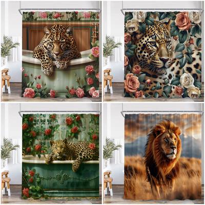 Bathing Leopard Shower Curtain Wild Animal Lion Panther In Bathtub Floral Bathroom Decor Modern Elegant Polyester Bath Curtain