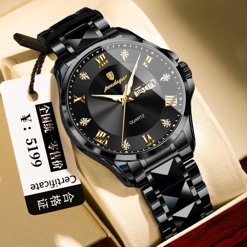 Mens Luxury Dual Calendar Quartz Watch With Luminous Hands Date Day Display Stainless Steel Band 42mm Round Dial