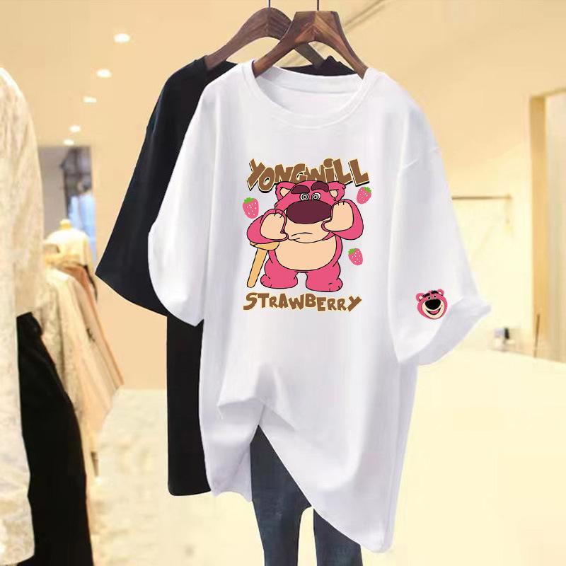 

Хлопковая футболка с коротким рукавом с медведем женская лето 2025 новая свободная и тонкая большого размера с полурукавами оверсайз одежда S