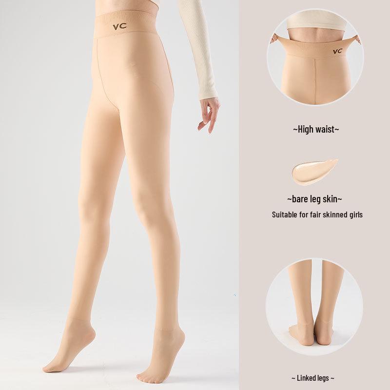 Huaxianzi High Waist Black Silk Tummy Control Leggings with Bare Leg Effect & Fleece Lining