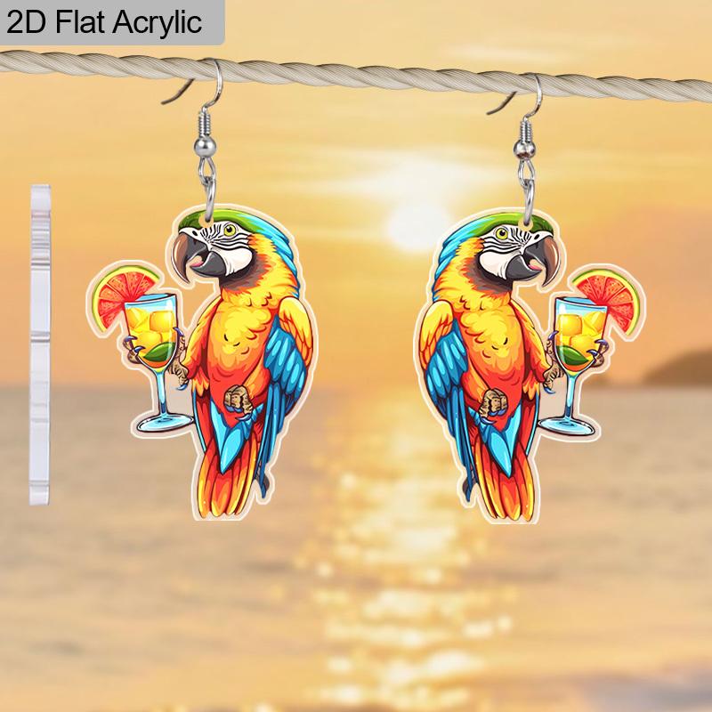 2D Flat Fun Tropical Parrot Earrings Drink Parrot Pattern Acrylic Pendant Earrings Birthday Accessories Gift