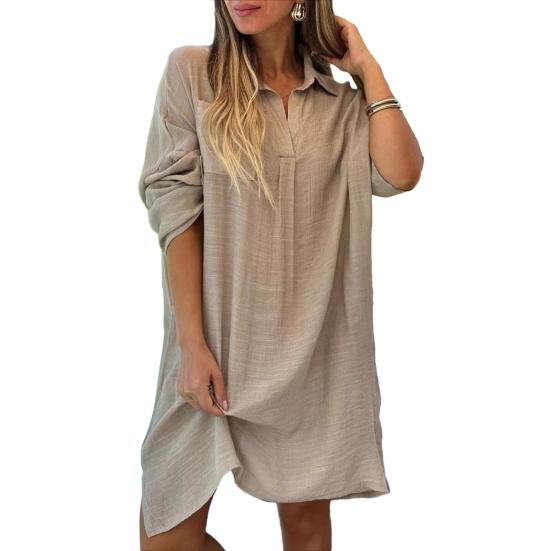 Lady Beach Shirt Kleid mit Manschettenknöpfen Dünnes, lockeres Midikleid mit seitlichem Schlitz Umlegekragen Langarmkleid für den Urlaub und den Alltag