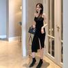 Été 2024 Vintage Femmes Robe Spaghetti Sangle Fente Velours Robe Noire Sexy Moulante Bandage Robe Midi Soirée Cocktail Robe Sans Manches Robes