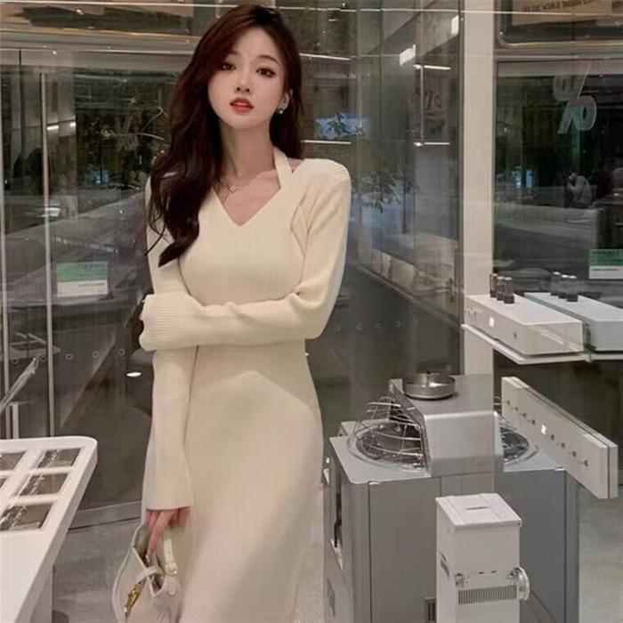 

Французское Высококлассное Облегающее Платье с V-образным Вырезом и Длинным Рукавом: Осенне-зимний тренд для женщин S абрикосовый