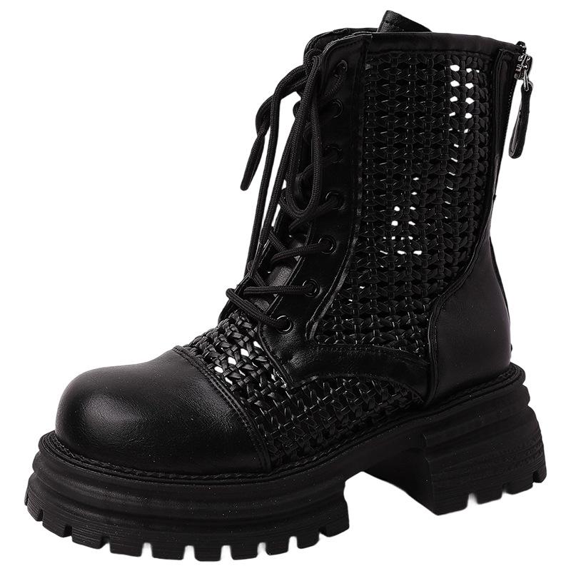Fashion woven short boots Hollow breathable Martin boots women's summer design retro British style small thick-soled cool boots