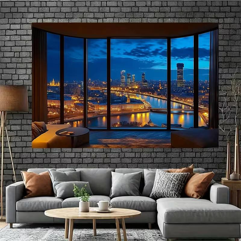 2D Modern Room Backdrop, Night City Skyline Window Scene Party & Live Background