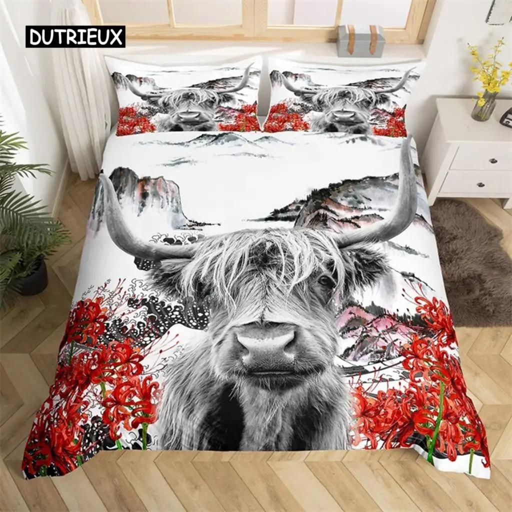 Highland İnek Yatak Takımı Polyester Boğa Sığır Çiçekleri Yorgan Kılıfı Batı Vahşi Hayvan Yorgan Kılıfı Çiftlik Evi İnek Yatak Örtüsü Kılıfı
