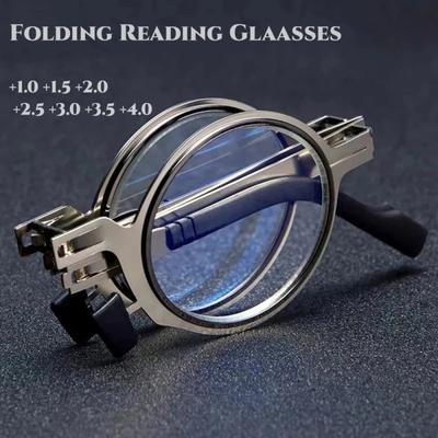 Tragbare faltbare Anti-Blaulicht-Lesebrille für Männer, runde, quadratische Metallbrille für Männer, Presbyopie, Gafas, Dioptrien +1,0 bis +4,0