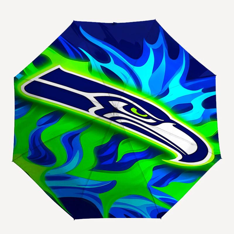 Seattle Seahawks Flame Design Automatic Opening/Closing Umbrella - Portable 3-Fold Design with 8-Bone Iron Frame, Gift for Fans and Traveler