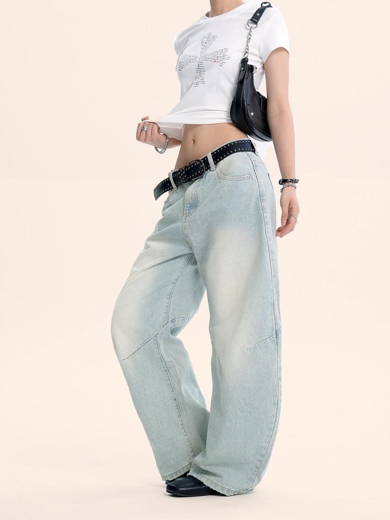 Yongfang Retro Light Blue Curved Leg Unisex Jeans - Trendy Loose-Fit Wide-Leg Pants