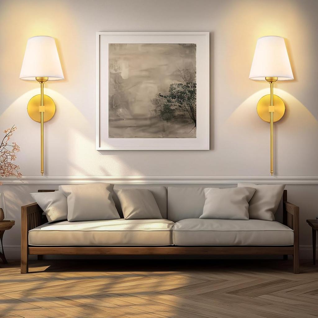 Wall Sconces Sets of 2, Retro Industrial Wall Lamps, Vanity Sconces Wall Lighting with White Fabric Shades, Wall Lights Suitable for Bathroom Bedroom