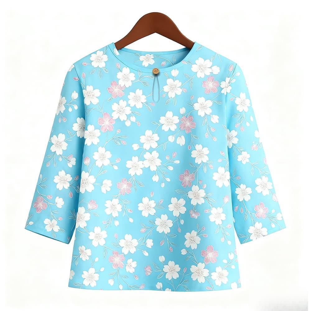 Casual Blouse, Vintage Style, For Women, Floral Print, O Neck, Three Tribal Sleeves, Elegant Loose Top, Made of Elastic Hem