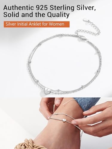 PROSILVER Women's Letter C Ankle Bracelet 925 Silver 22+5cm Double Layer Heart Charm Initial Anklet Summer Beach Jewelry for Women Girls