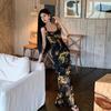 French Retro Temperament, Royal Sister Style, Advanced Sense, Printed Lotus Leaf Edge Suspender Dress, Summer Open-ended Hip-wrapped Long Dress