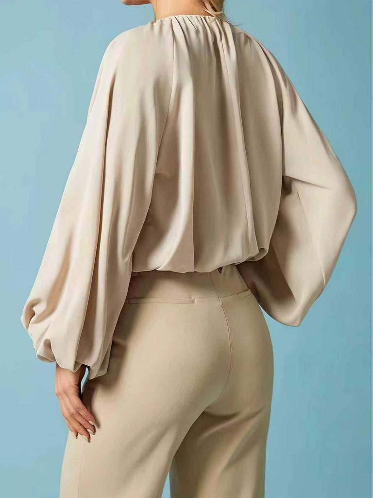 European and American Style Autumn Silk Satin Pleated V-Neck Women's Top