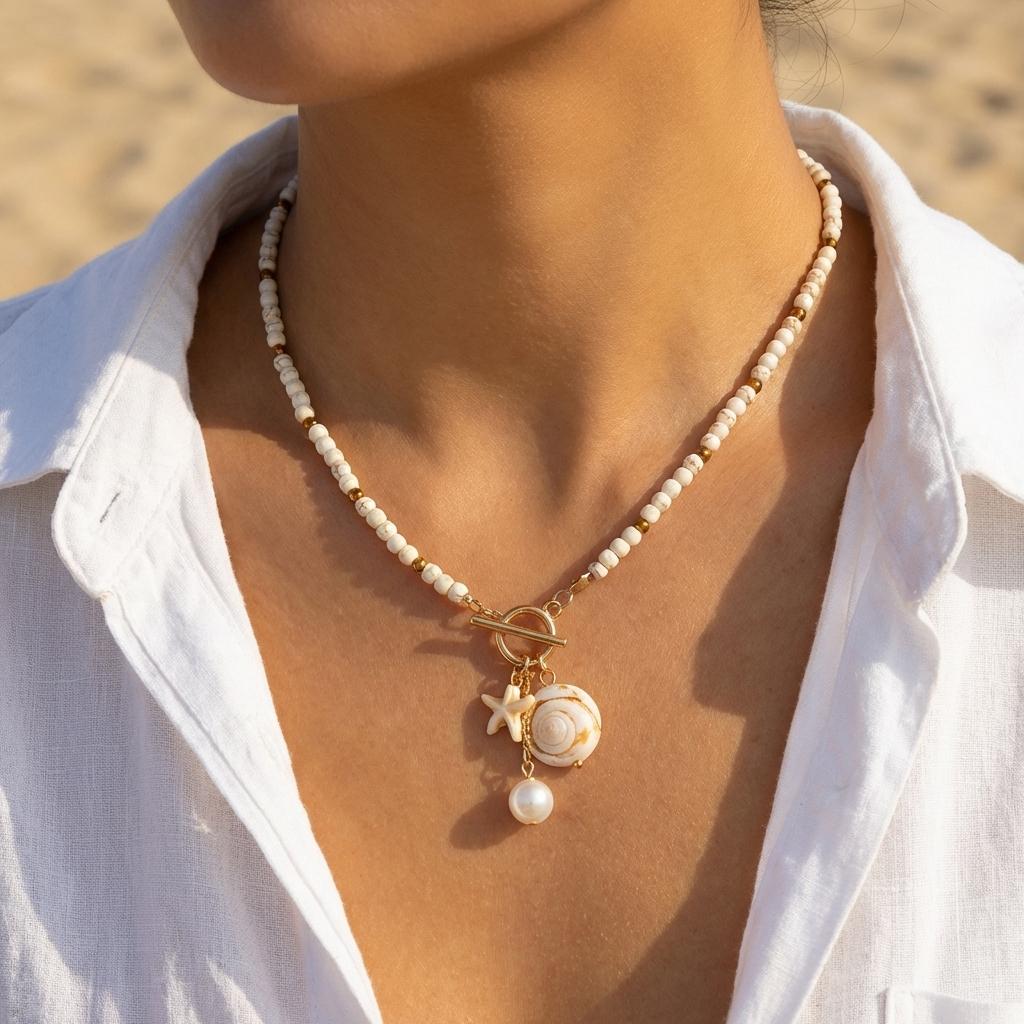 Böhmischer Seestern Muschel Anhänger Halskette mit OT-Verschluss Bunte Reiskornperlen Keramikfisch Choker Halskette Strandurlaub Schmuck