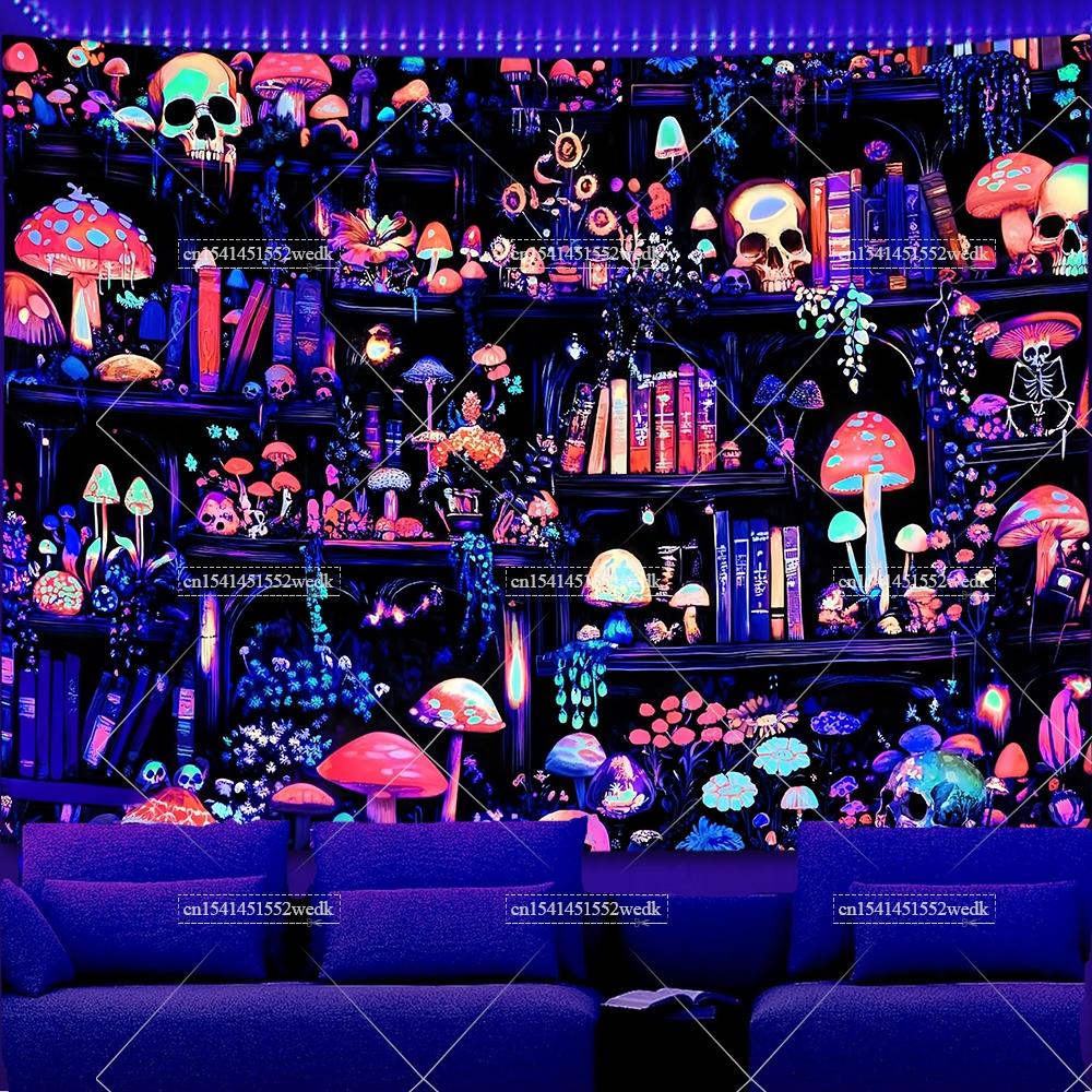 Magic Bookshelf Blacklight Tapestry UV Reactive Skull Library Neon Tapestrys Aesthetic Witchy Alchemy Fluorescent Tapestries