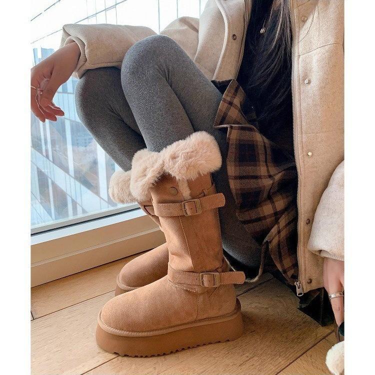 Gray Snow Boots Women's Winter Velvet Thickened Fur Integrated Thick Sole Heightening Long and Short Boots Snow Cotton Shoes
