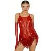 Ladies Latin Performance Leotard S-XXL Sequins Fringe Cross Back with 1 Pair Gloves for Tango Rumba Cha-Cha Samba Dance