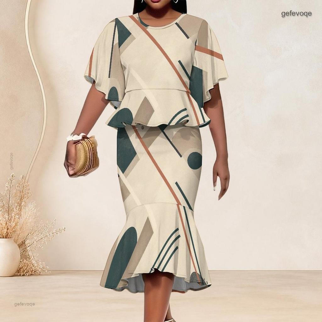 Women Plus Size Blue White Printed Two Piece Set Round Neck Batwing Short Sleeve Ruffle Hem Top Fishtail Skirt