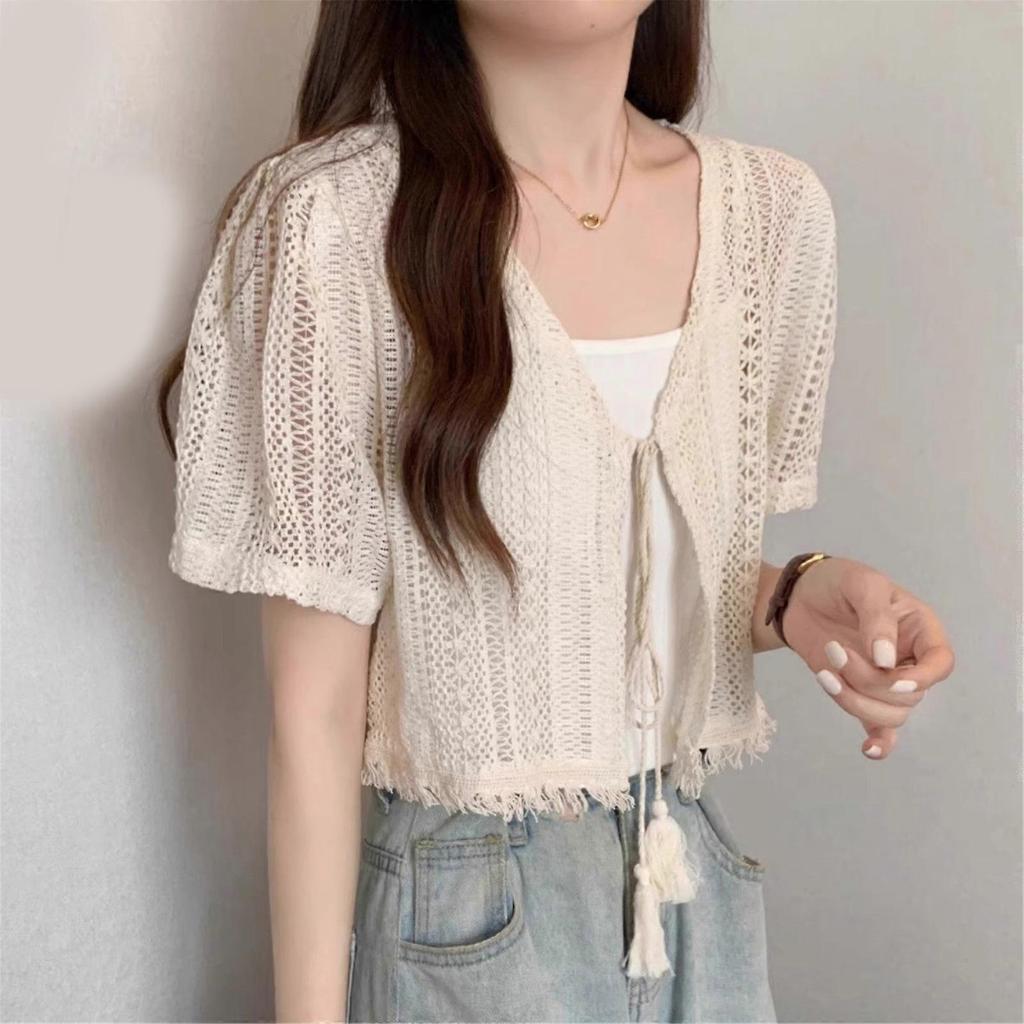Women Crochet Shrug Sweater Tie Front Knit Boleros Shrugs for Dresses Short Sleeve Cropped Cardigan Beach Coverups Gifts One Size