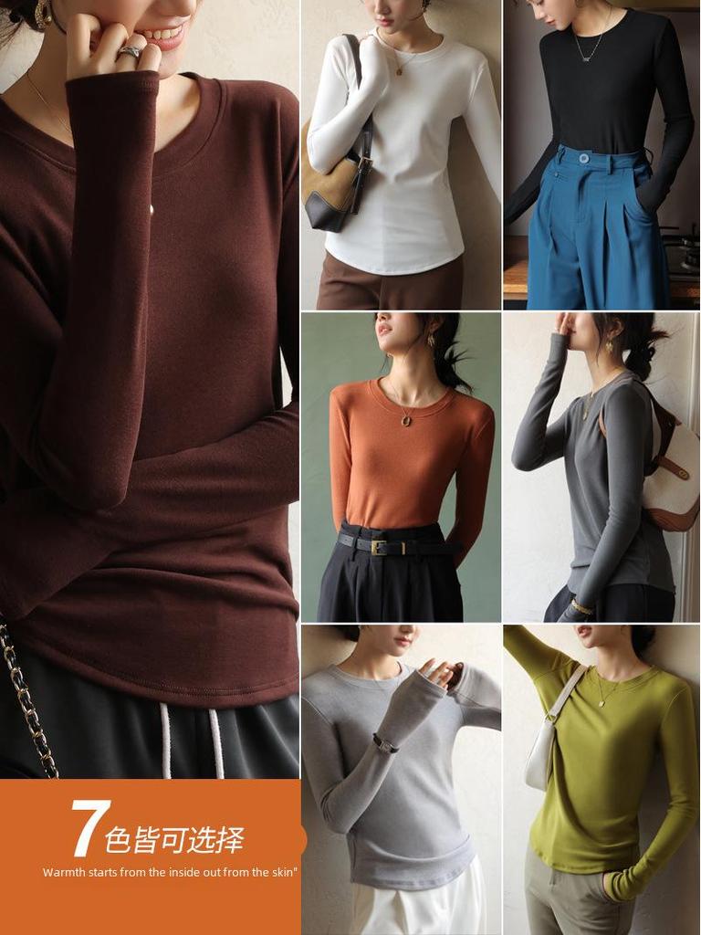 2024 Korean Style Women's Slim Round Neck Velvet T-Shirt, Thick Long-Sleeve for Autumn/Winter
