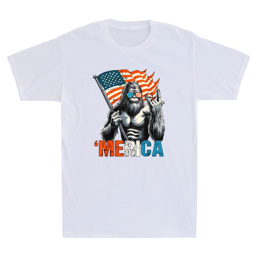 

Bigfoot Merica Rock American Flag Patriotic 4th Of July Funny Meme Men s T-Shirt Unisex T-Shirt M