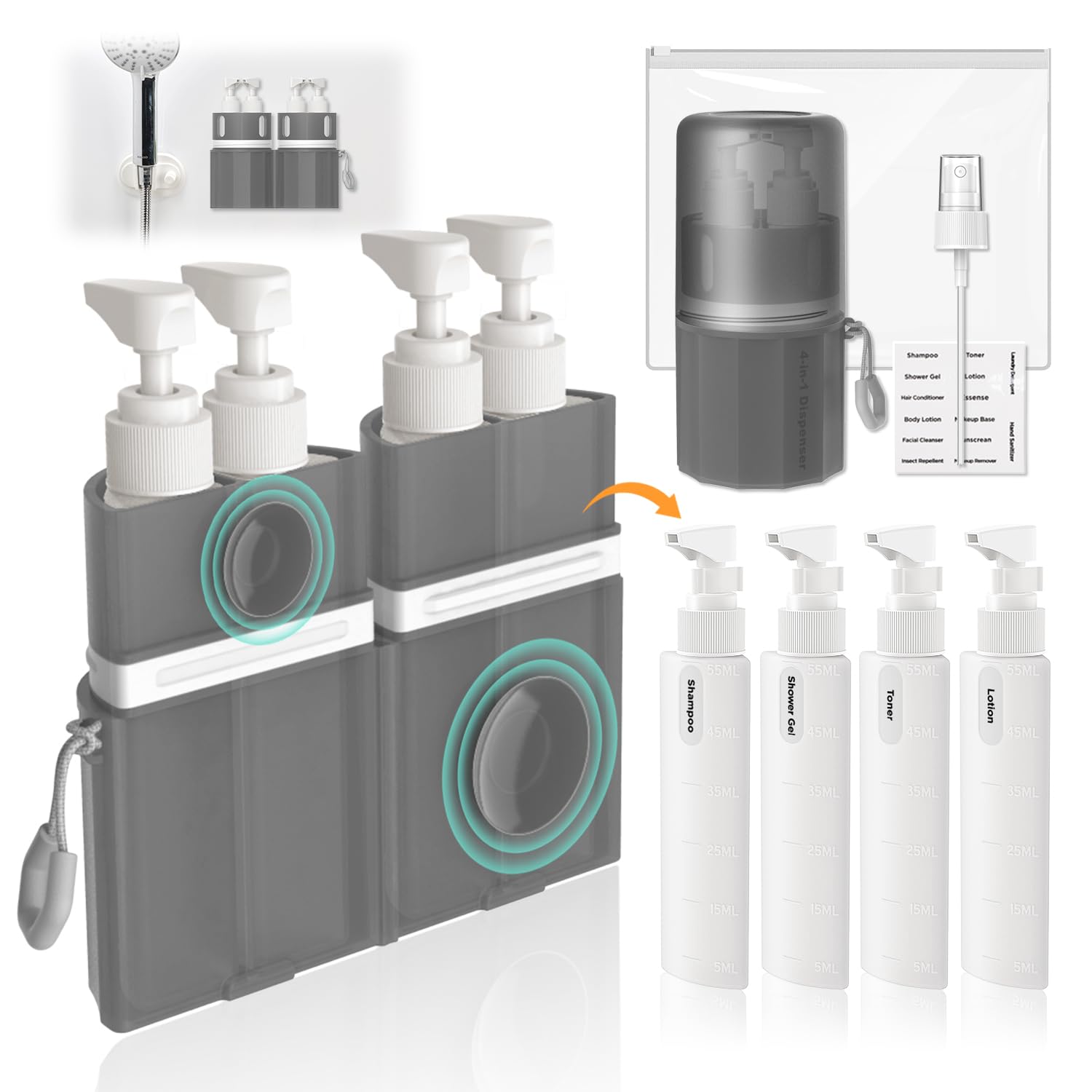 

VOGOGE Travel Дорожный шампунь TSA Идеально подходит для повторного наполнения шампунем и косметикой для серой бутылки, Бутылка 4-в-1, Герметичная, Одобрено, Путешествия, серый