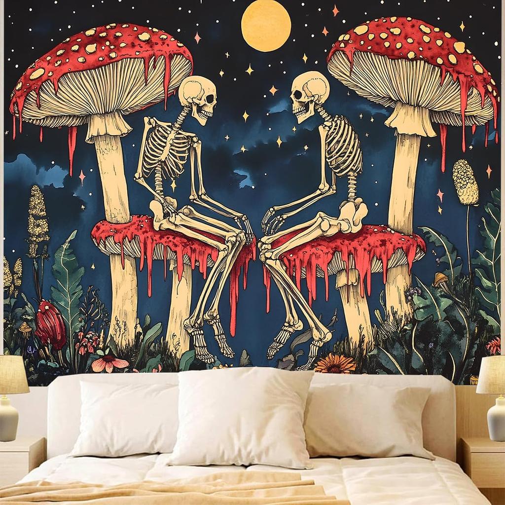Cartoon Skull Floral Tapestry, Mushroom Leaves Skeleton Goth Garden Aesthetic Tapestries For Bedroom Game Room College