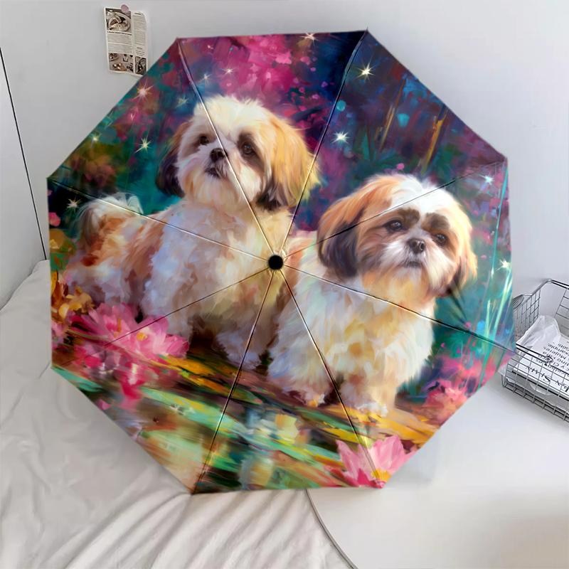 Shih Tzu and Flowers Pattern, Automatic Folding Umbrella, Portable and Foldable Design, 8 Ribs, a Christmas or Birthday Gift.