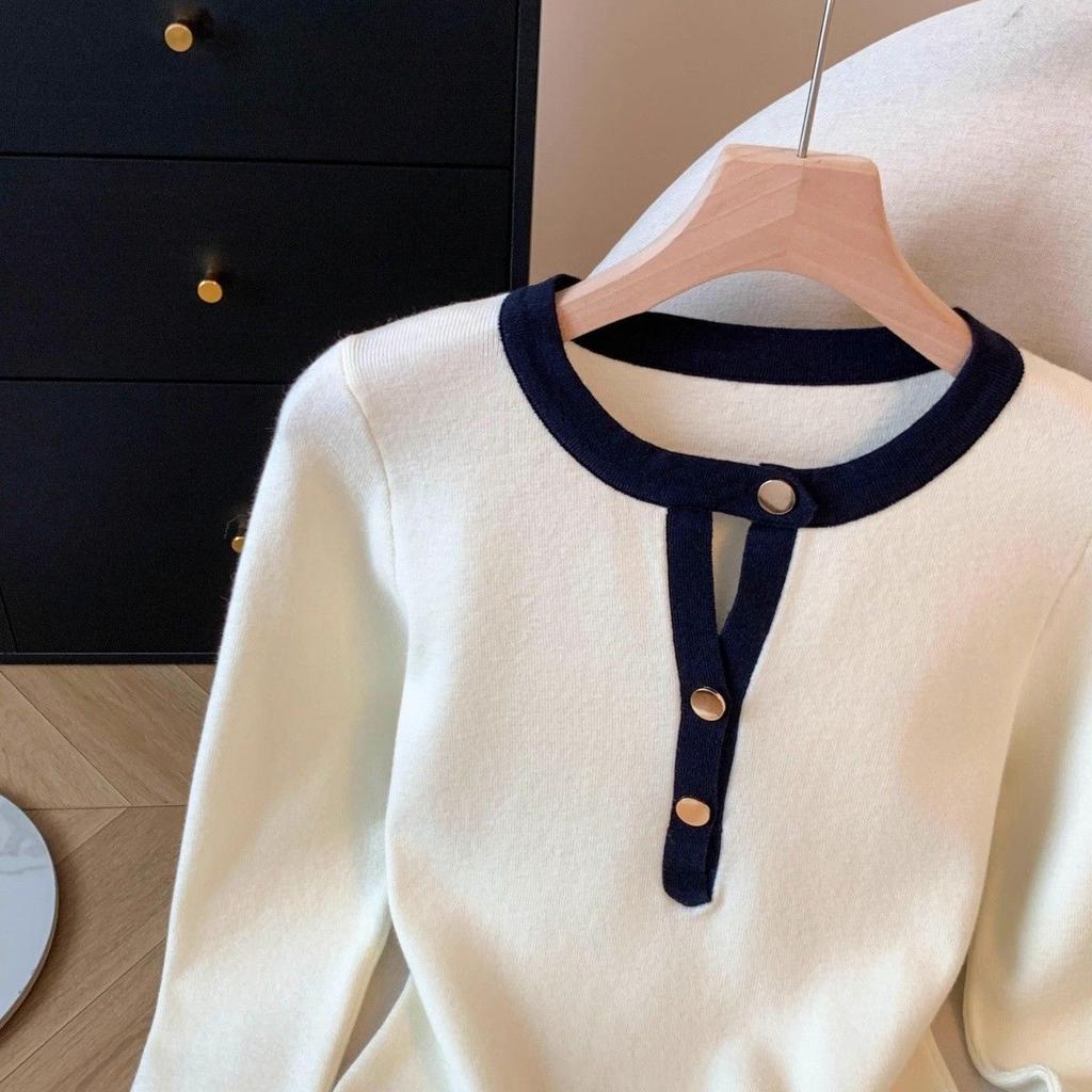 Blue Retro Contrasting Color Half-open Collar Long-sleeved Sweater for Women Autumn New Versatile Base Shirt Top