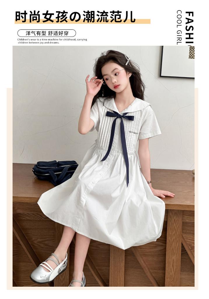 Girls' Korean Version College Style Summer Dress, New Summer Children's Stylish Navy Collar Bow Dress