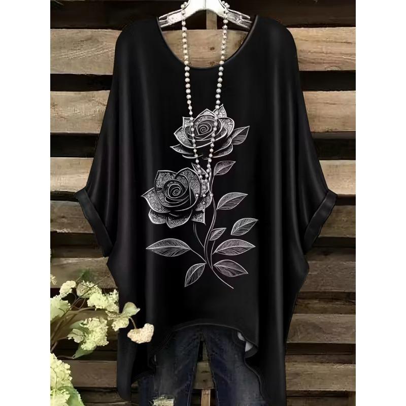 Camiseta Chic Bohemia para Mujer Estampado Floral Vintage Cuello Redondo Pullover Manga Corta Camisetas Holgadas Dobladillo Irregular Ropa Y2k