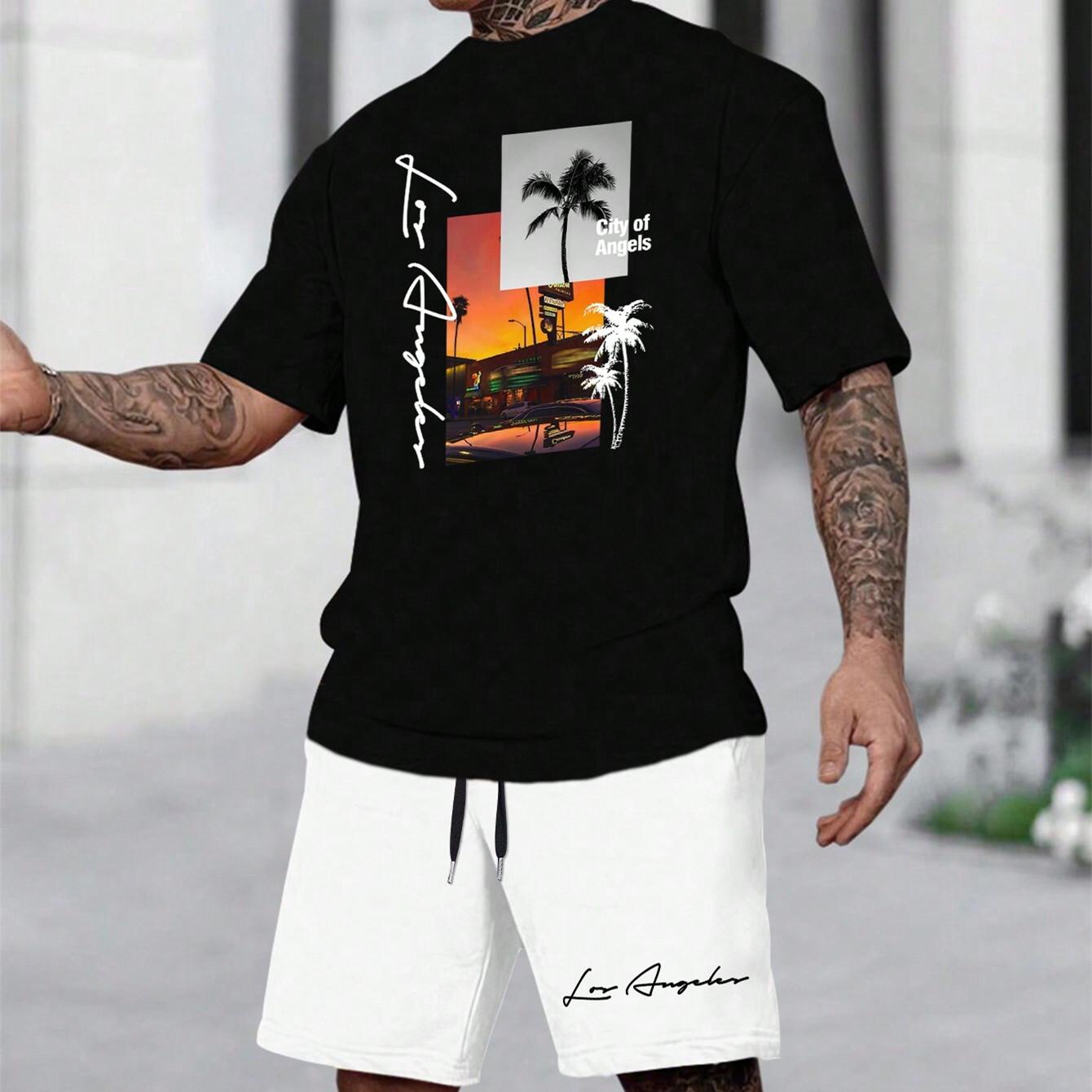 

Мужская летняя повседневная футболка Manfinity RSRT с коротким рукавом и принтом пальмовых букв и шорты на шнурке XXL