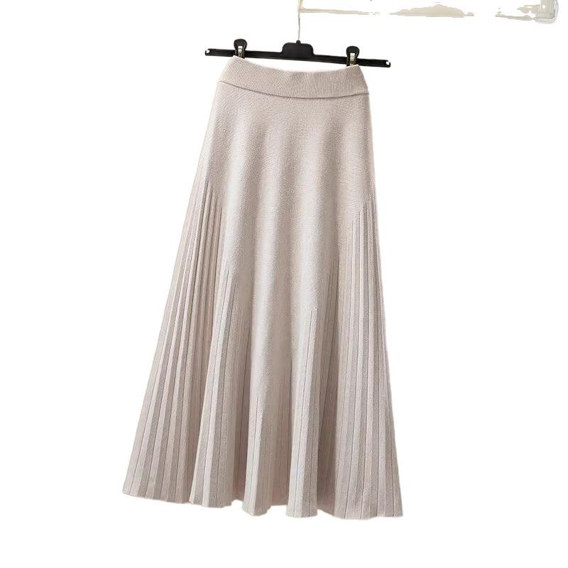 Autumn Winter 2025 Thick High-Waisted A-Line Wool Pleated Midi Skirt for Women