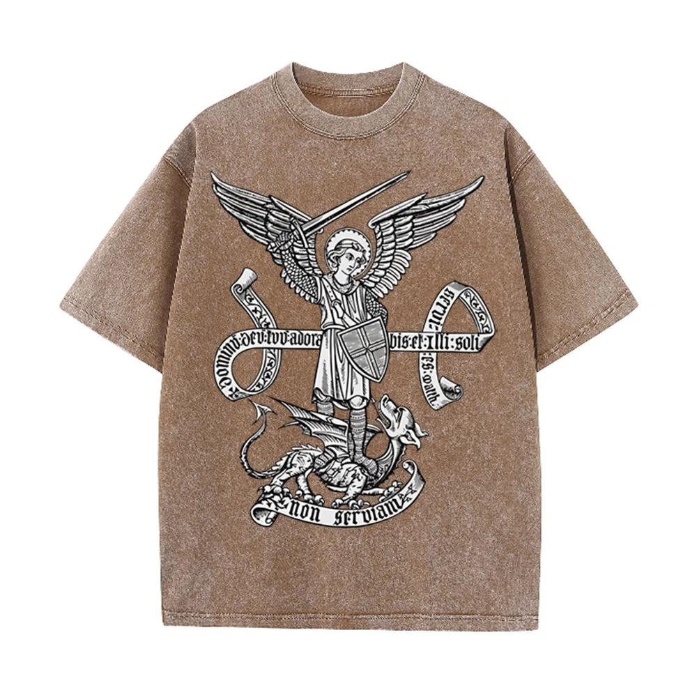 2026 Vintage St Michael Archangel Dragon Scroll Latin Text Graphic Black Acid Washed T Shirt Retro Religious Medieval Streetwear