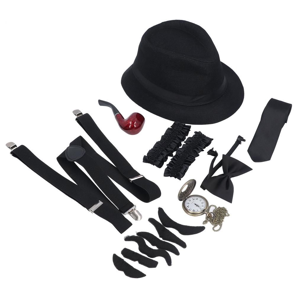 8 Pieces 1920s Grandpa Old Man Costumes Set with Suspenders Hat Watch Pipe Bow Tie Glasses Beard Kids 100 Days School