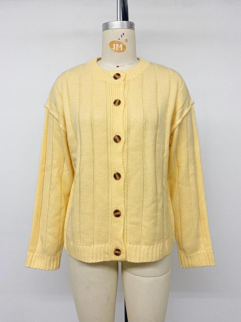 2026 Winter New Pure Color Round Neck Knit Cardigan - Women's Trendy Button-up Sweater