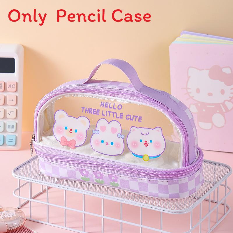 Cartoon Bunny Double Layer Transparent Pen Case With Storage For Students And Gift Use
